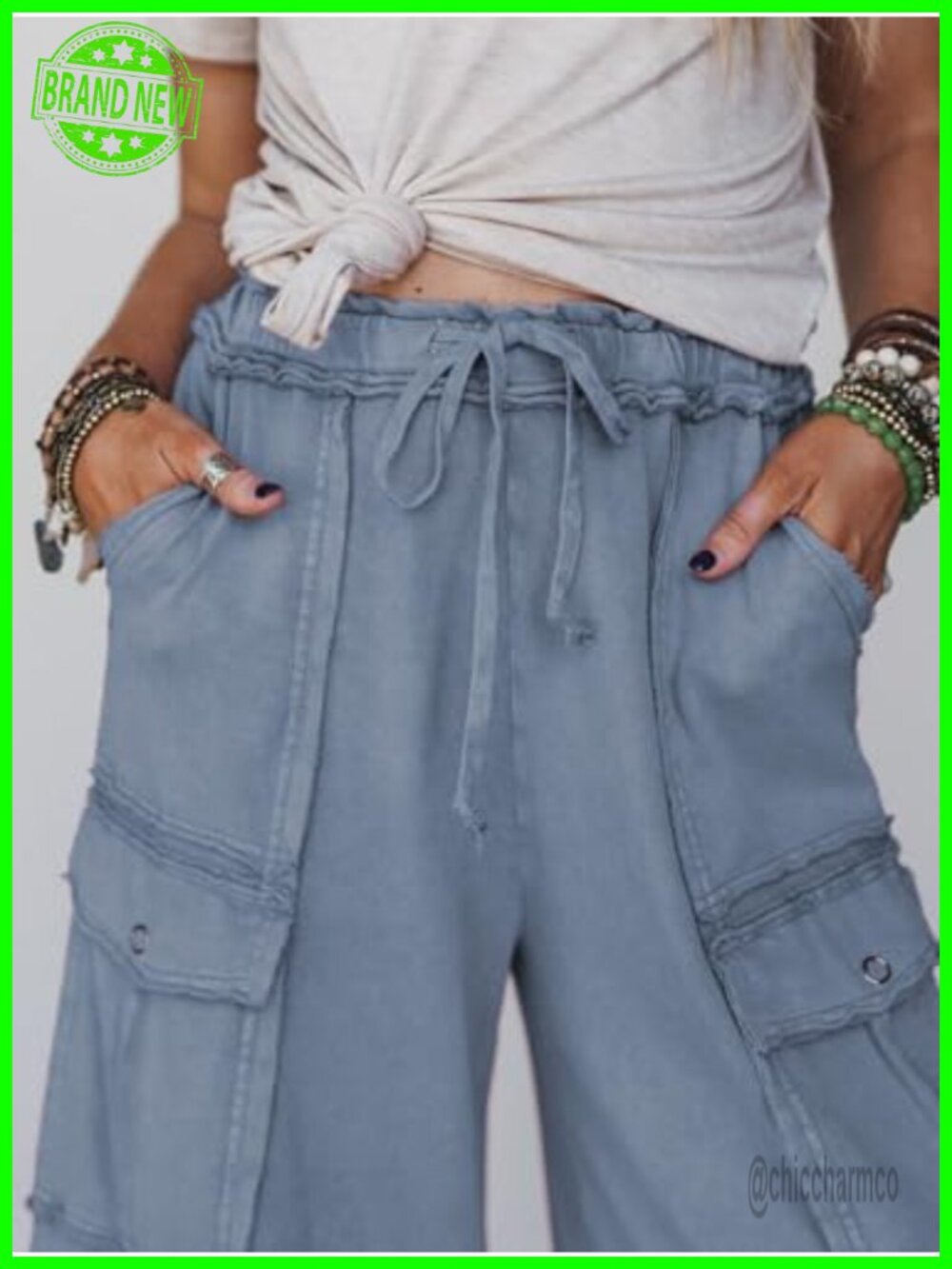 Wide Leg Acid Wash Sweatpants High Rise Baggy Cargo Drawstring Elastic Waist - Picture 3 of 6